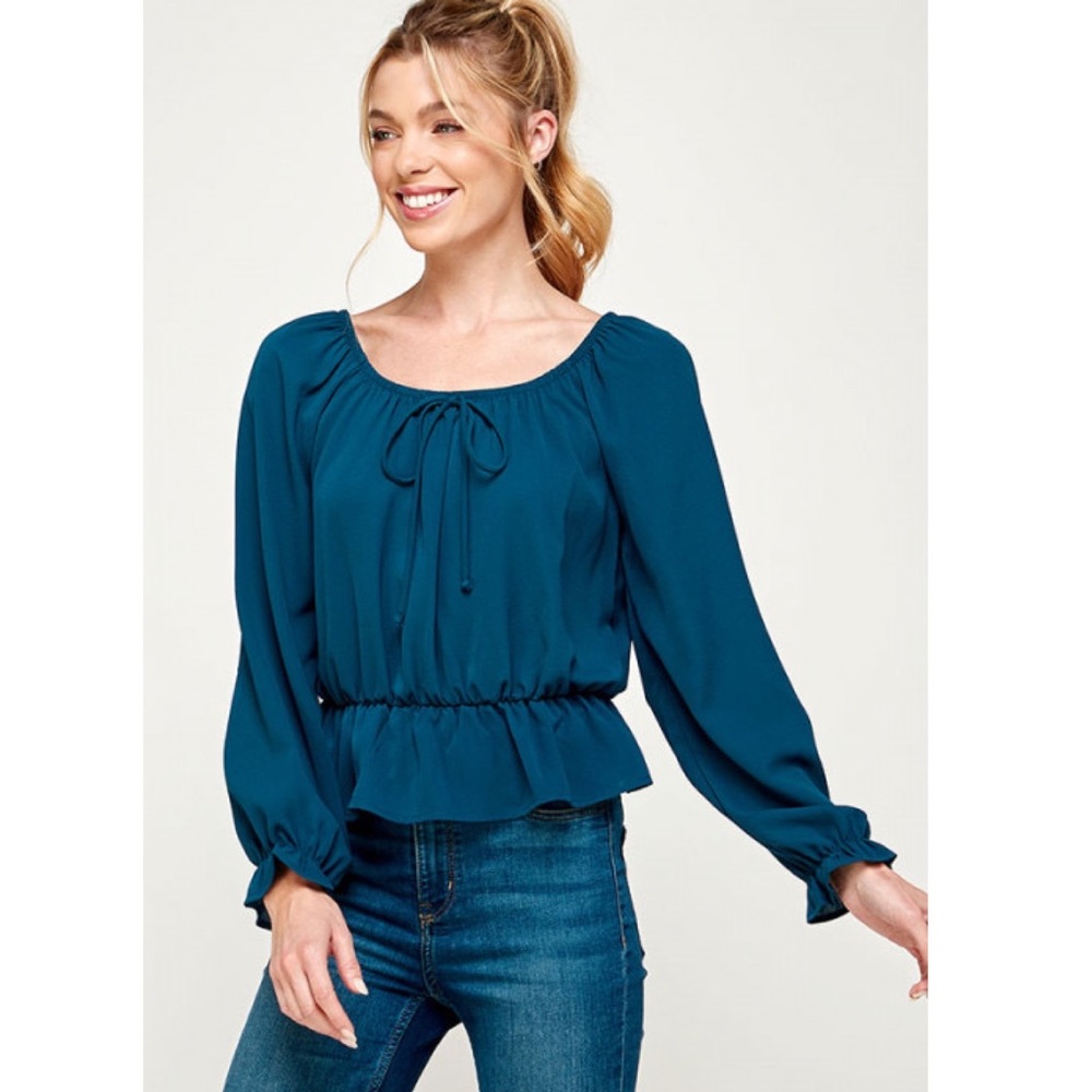 Boho Teal Peplum Blouse with Long Peasant Sleeves